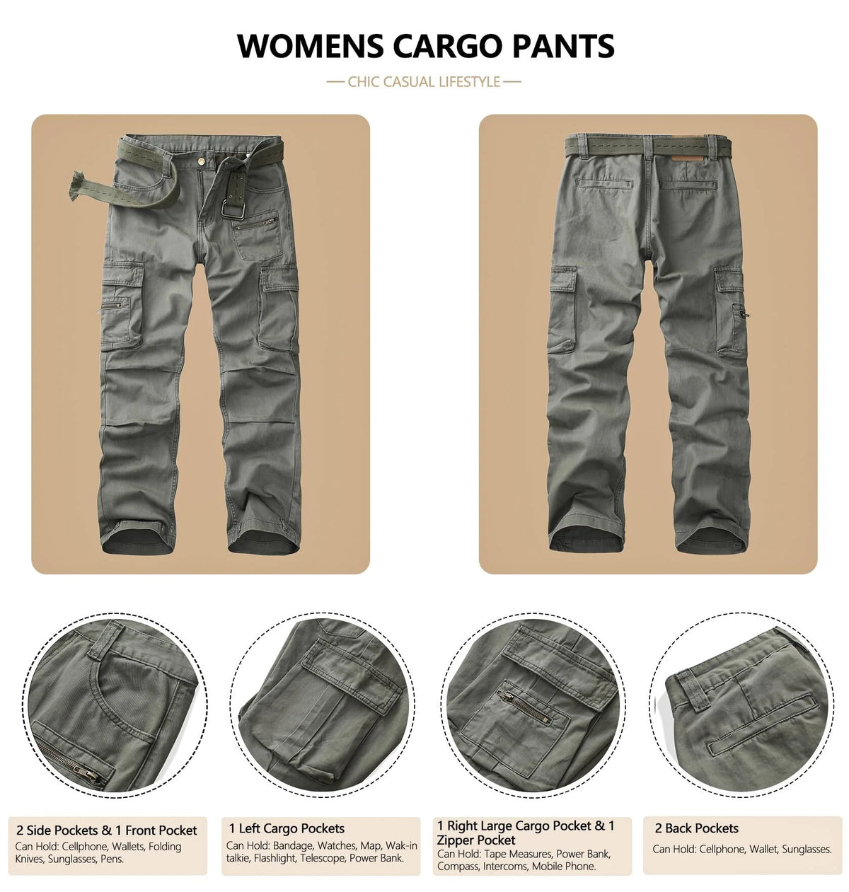 Women's Relaxed Fit Cargo Pants with Zipper Pockets O68076
