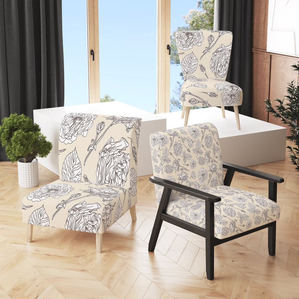 Beige Floral Upholstered Accent Chair and Arm Chair K338